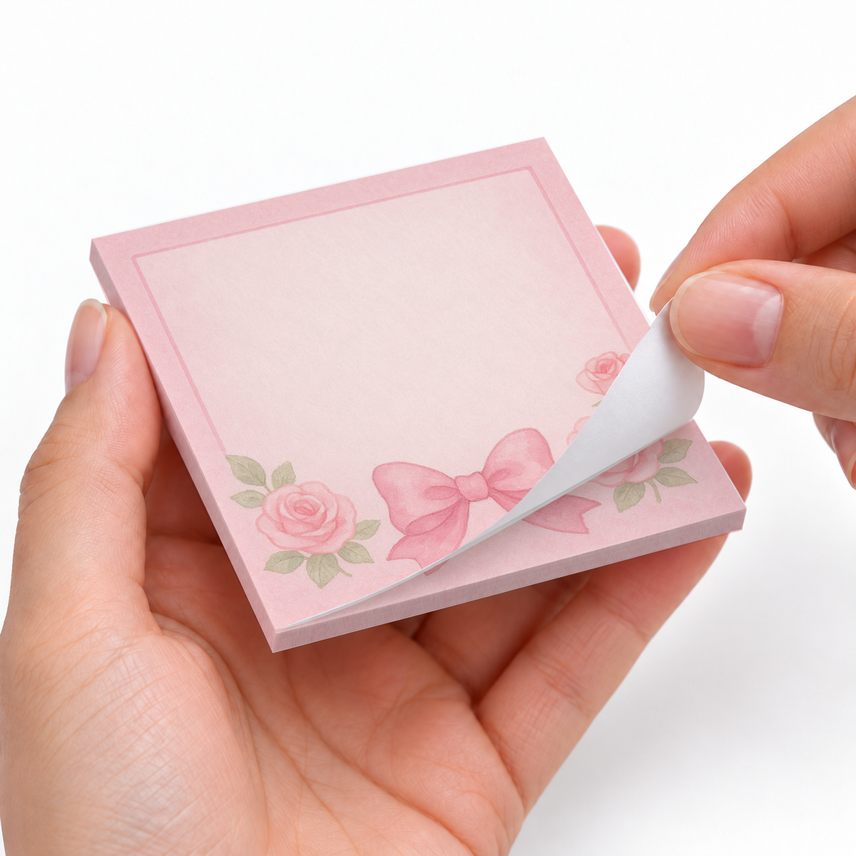 Center Bow & Roses sticky notes styled with a planner and desk accessories
