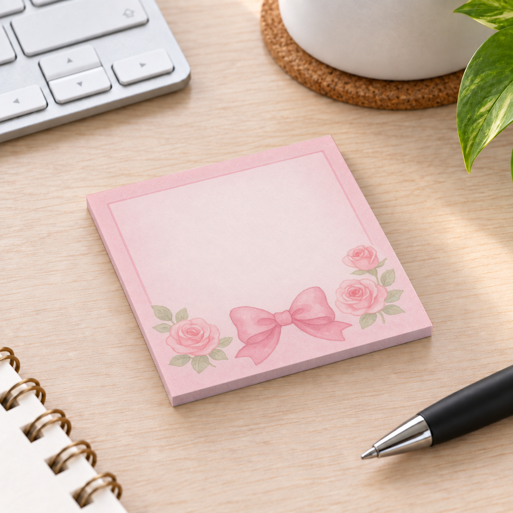 Close-up of Center Bow & Roses sticky note design and writable area