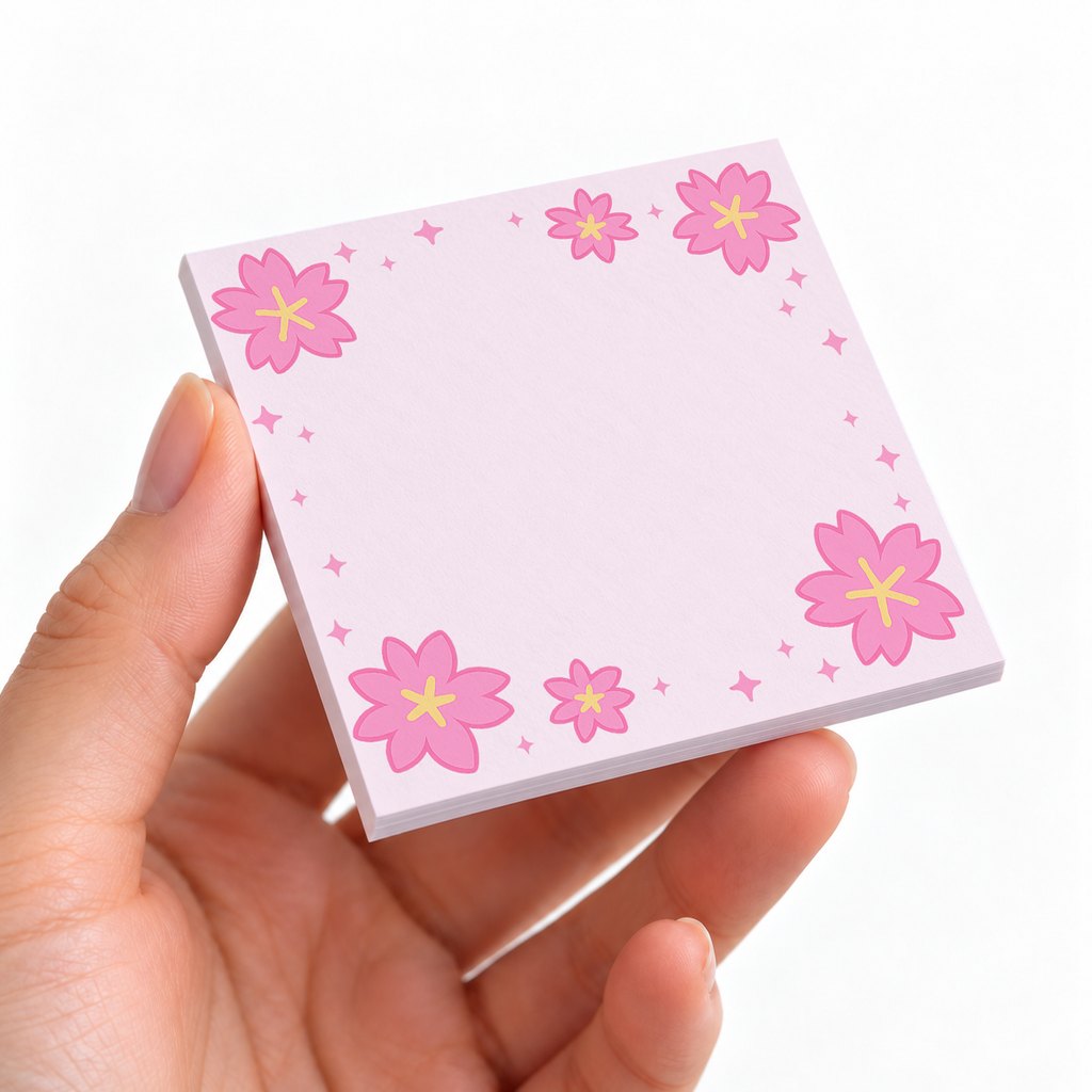 Scattered Sakura Blossoms sticky note pad on a desk with stationery