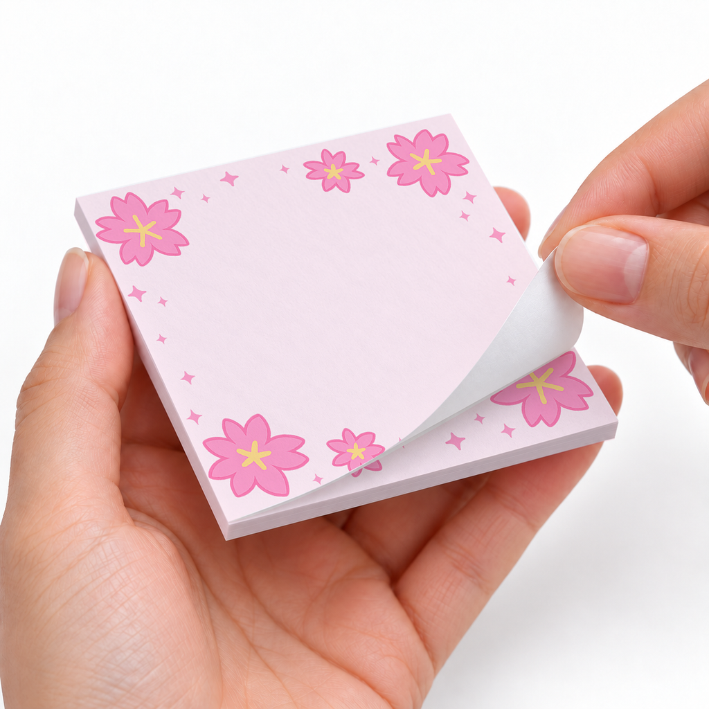 Scattered Sakura Blossoms sticky notes styled with a planner and desk accessories