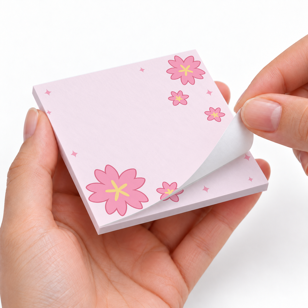 Bold Sakura Bloom sticky notes styled with a planner and desk accessories