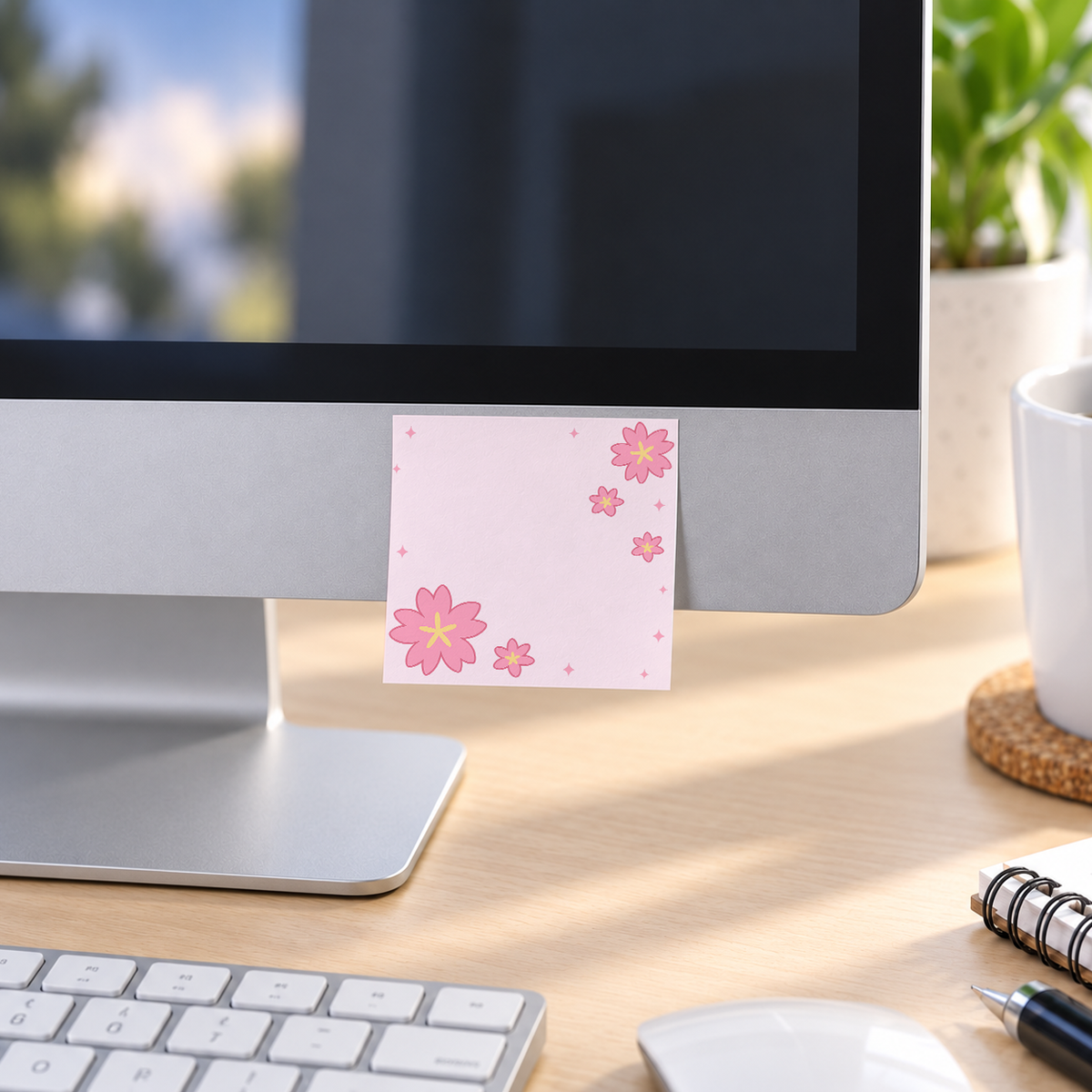 Bold Sakura Bloom memo pad in an office or home workspace