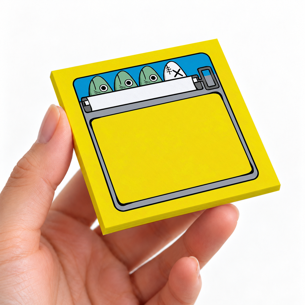 Yellow Odd Fish Sardine Can sticky note pad on a desk with stationery