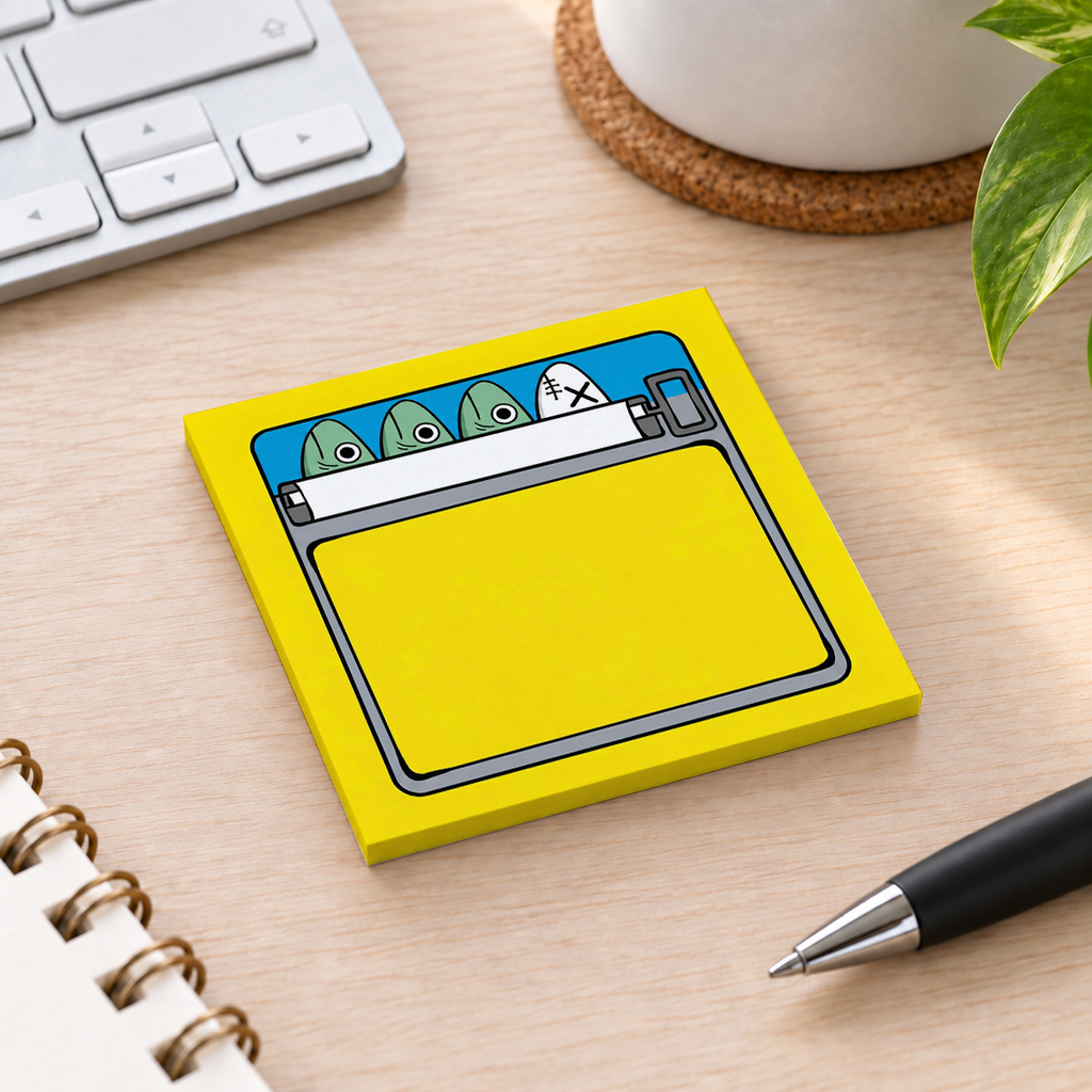 Close-up of Yellow Odd Fish Sardine Can sticky note design and writable area
