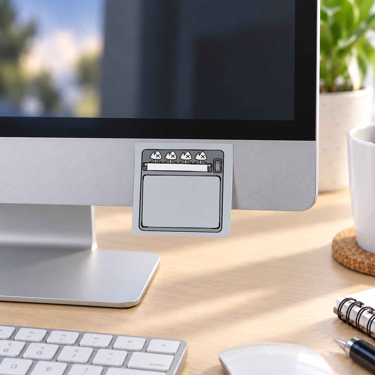 Grey Skeleton Fish Sardine memo pad in an office or home workspace