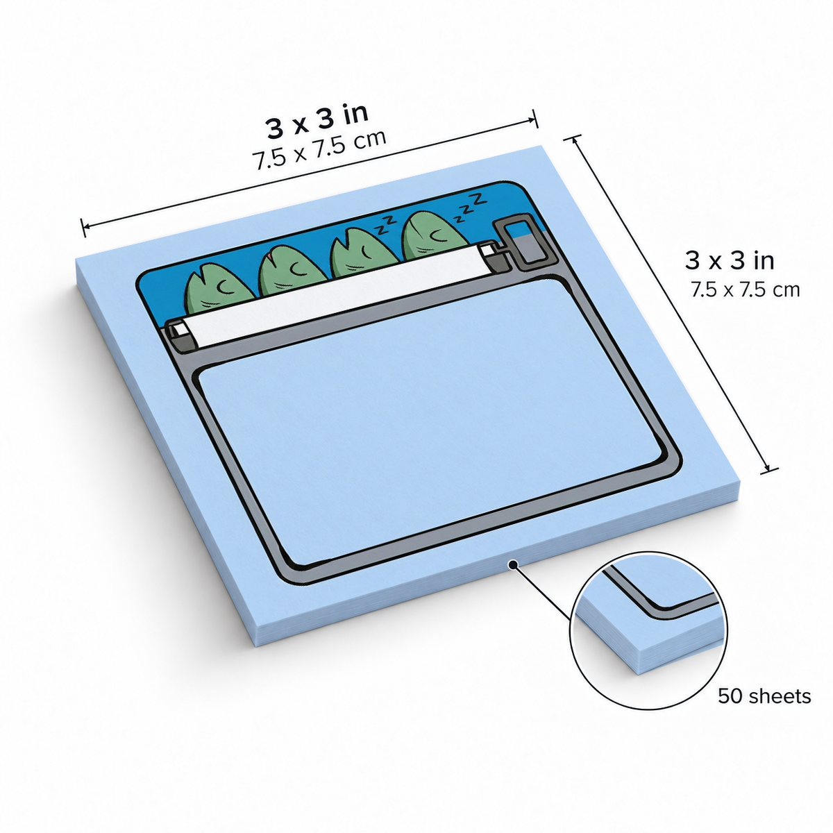 Blue Sleeping Fish Sardine sticky notes, 3x3 in (7.5 x 7.5 cm), 50 sheets