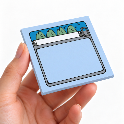 Blue Sleeping Fish Sardine sticky note pad on a desk with stationery