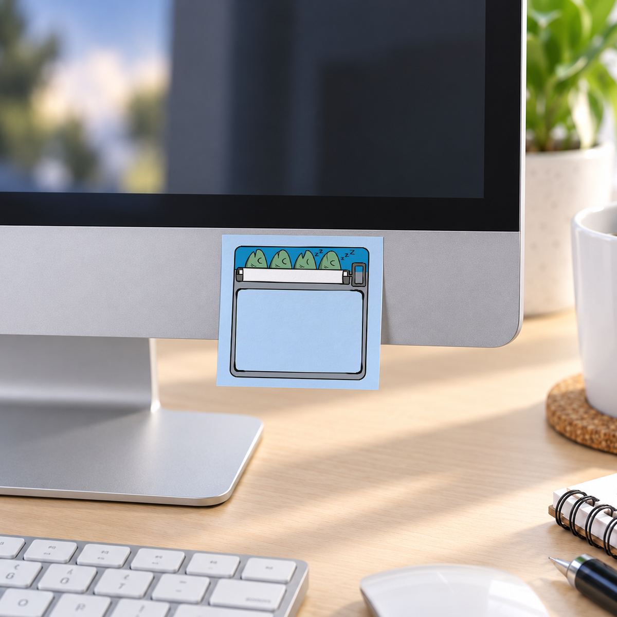 Blue Sleeping Fish Sardine memo pad in an office or home workspace