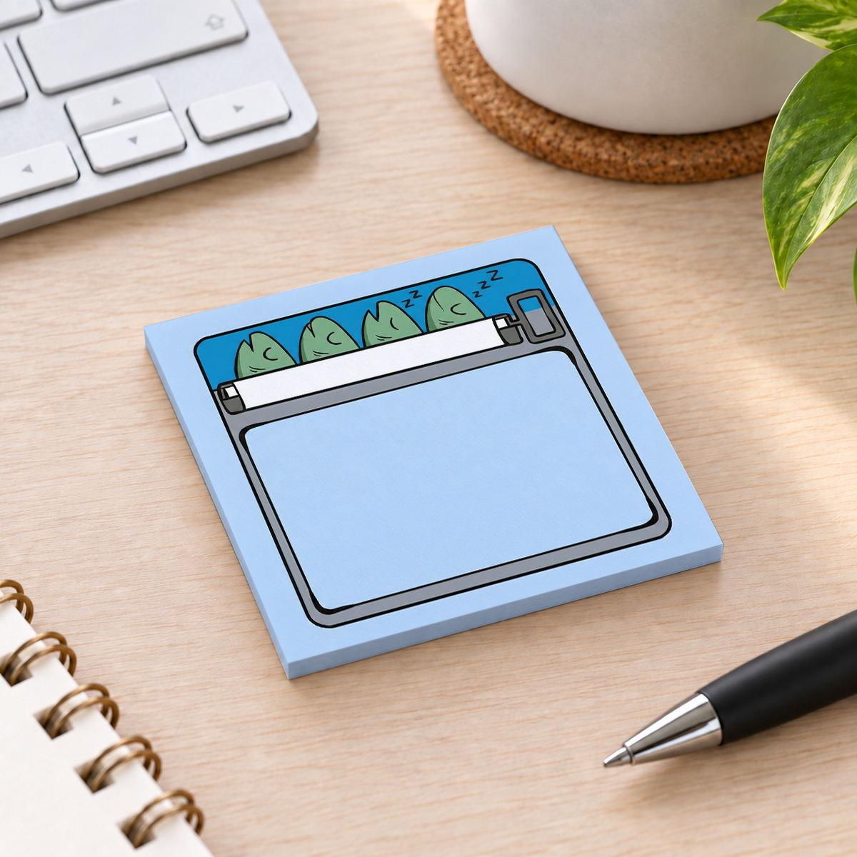 Close-up of Blue Sleeping Fish Sardine sticky note design and writable area