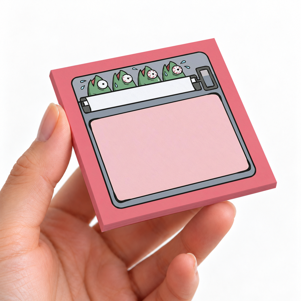Pink Panicking Fish Sardine sticky note pad on a desk with stationery