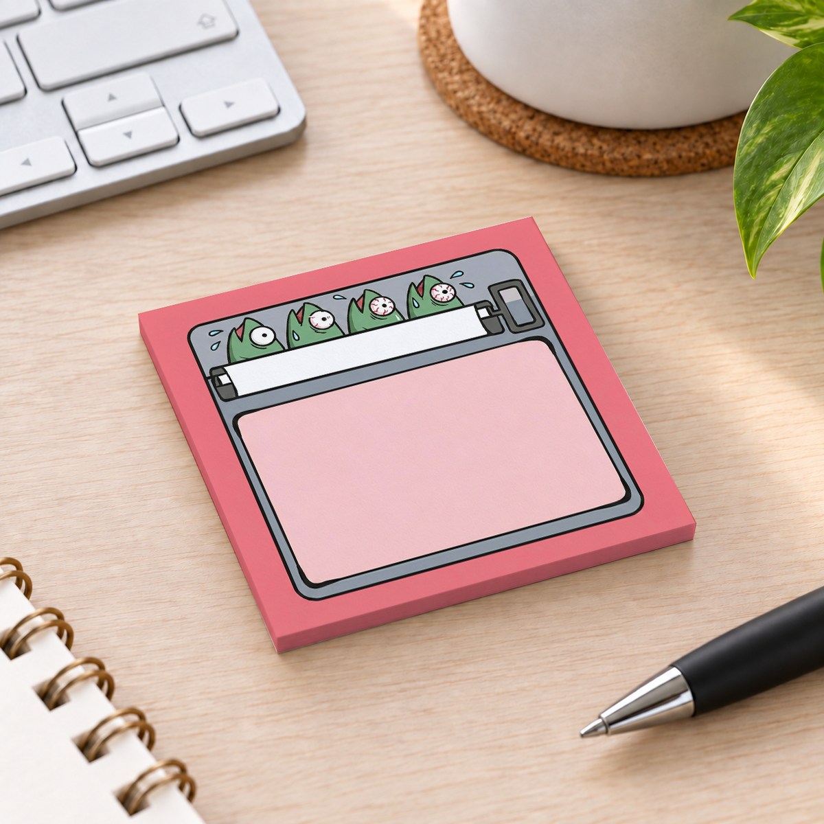 Close-up of Pink Panicking Fish Sardine sticky note design and writable area