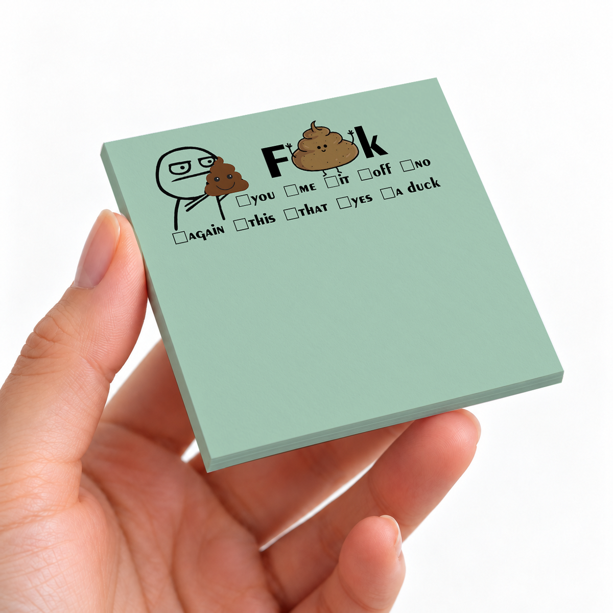 Funny Checkbox F sticky note pad on a desk with stationery