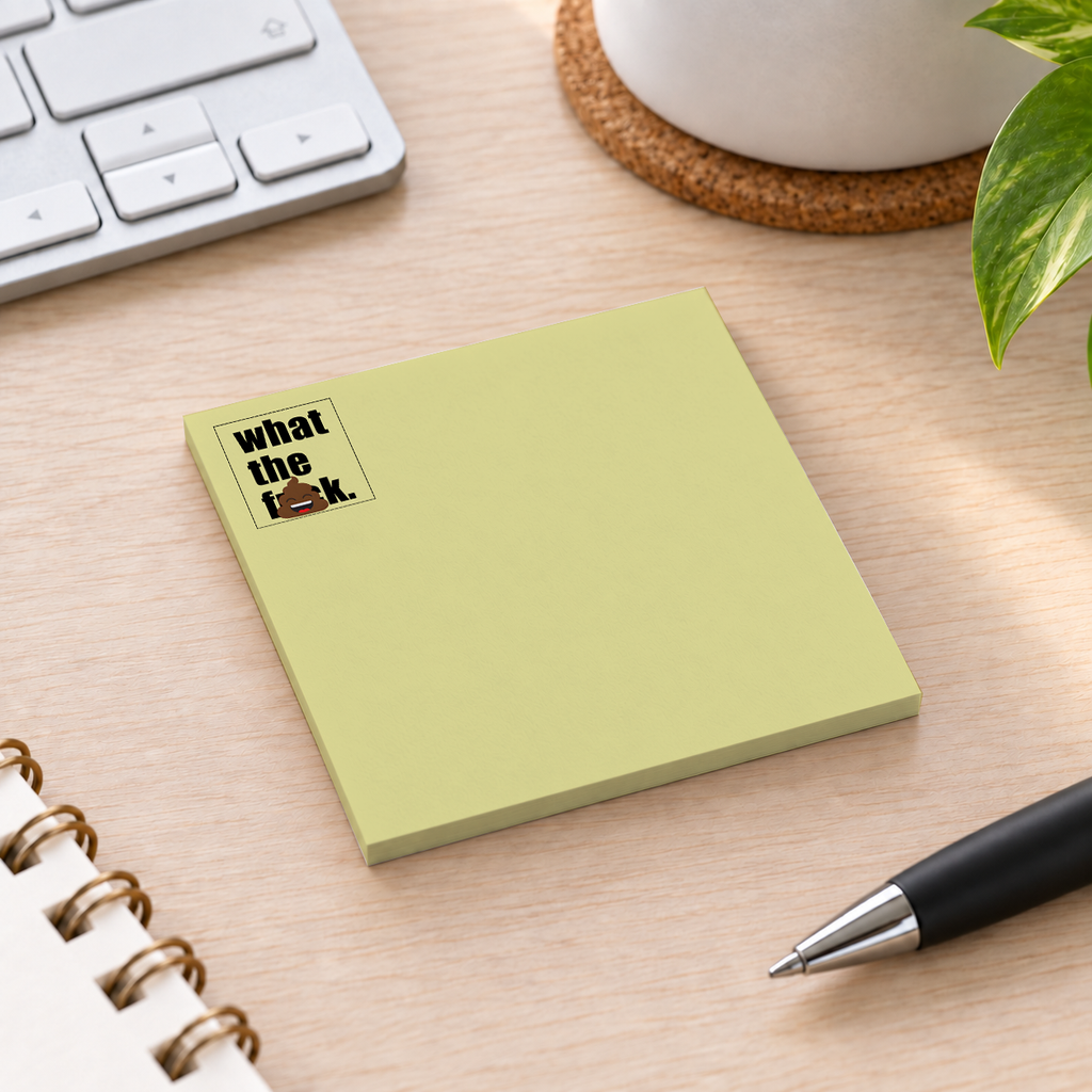 Close-up of What The F sticky note design and writable area