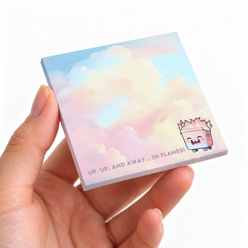 Up In Flames Dumpster Fire sticky note pad on a desk with stationery