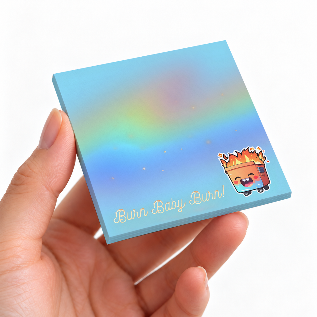 Burn Baby Burn Funny Dumpster Fire sticky note pad on a desk with stationery