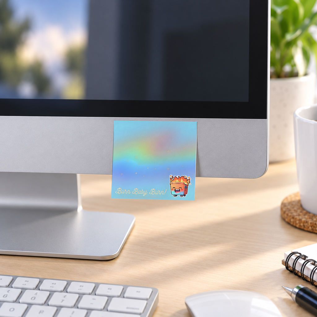 Burn Baby Burn Funny Dumpster Fire memo pad in an office or home workspace