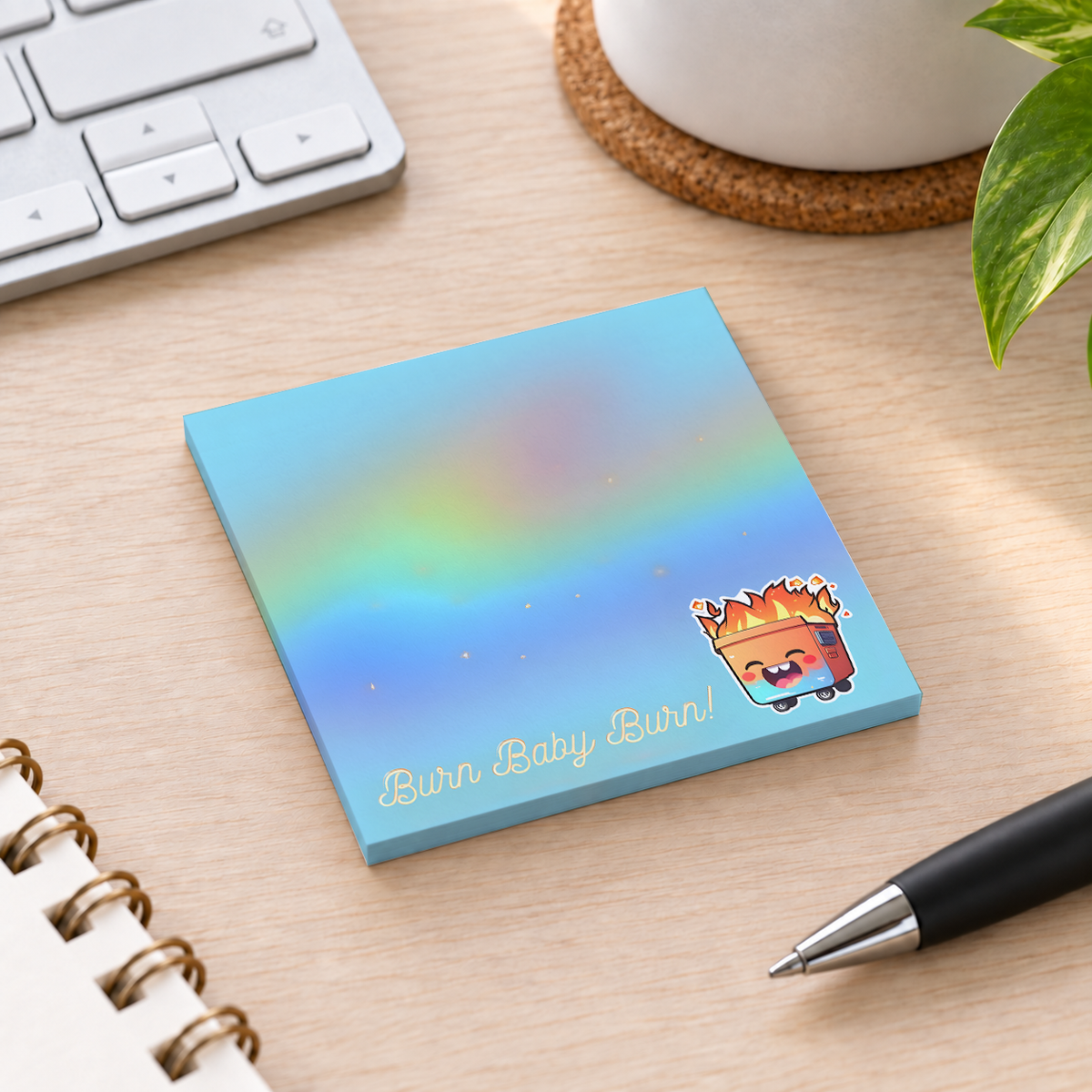Close-up of Burn Baby Burn Funny Dumpster Fire sticky note design and writable area