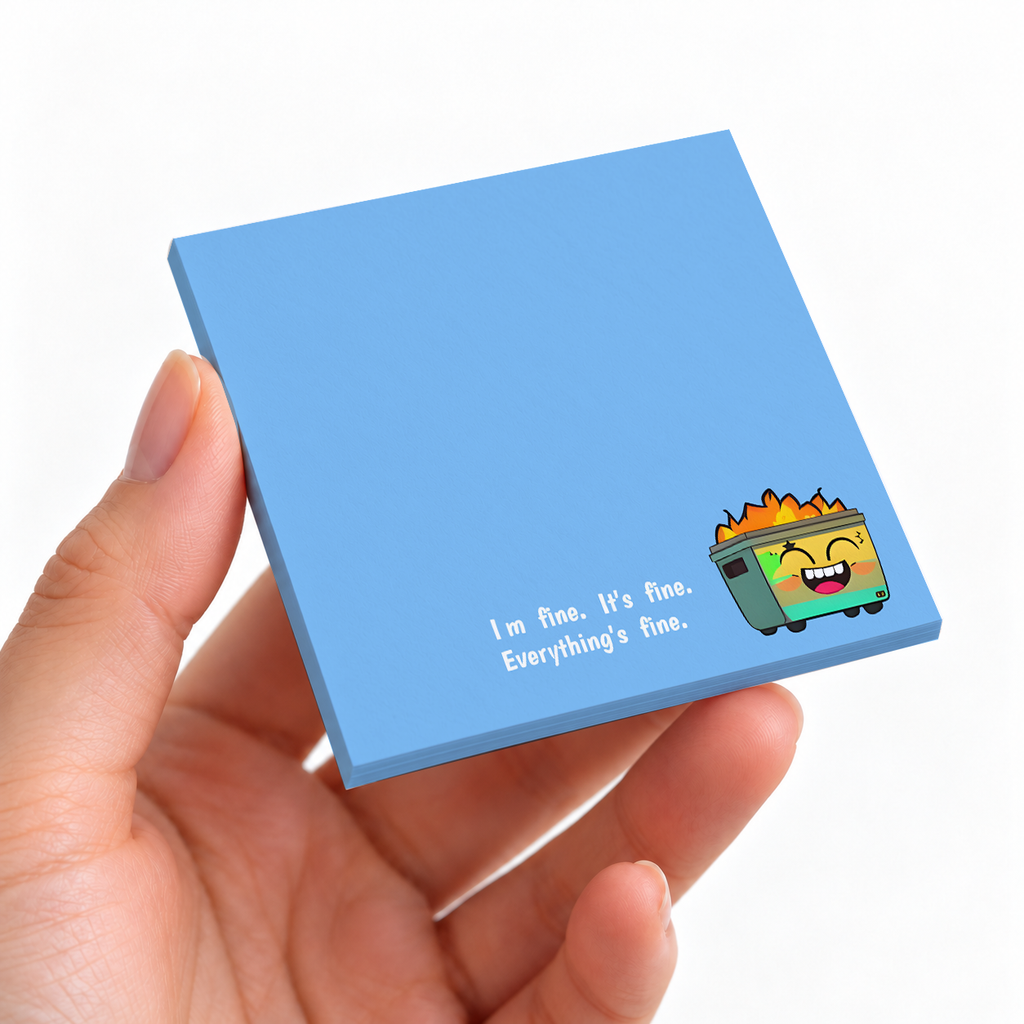 Everything's Fine Dumpster Fire sticky note pad on a desk with stationery