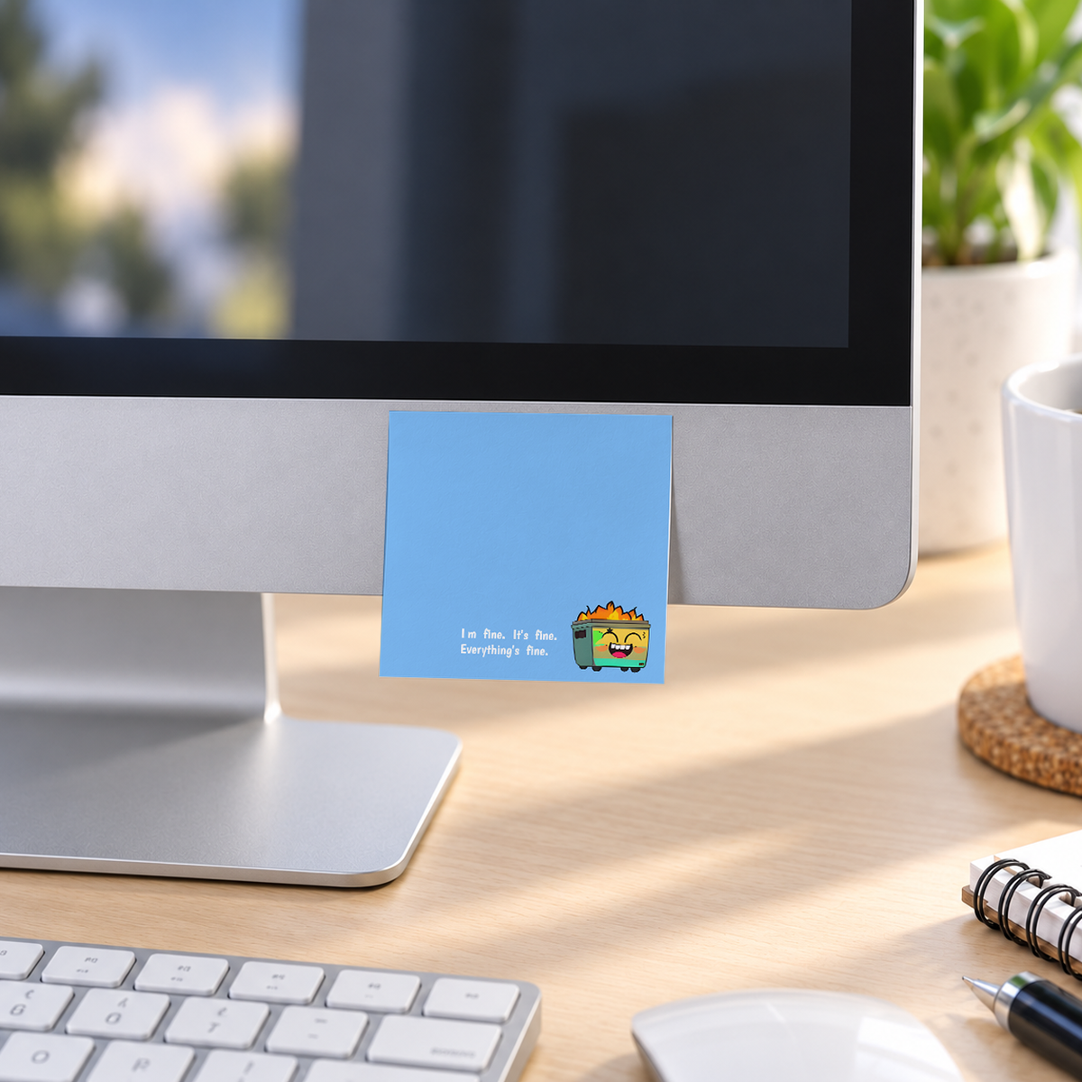 Everything's Fine Dumpster Fire memo pad in an office or home workspace