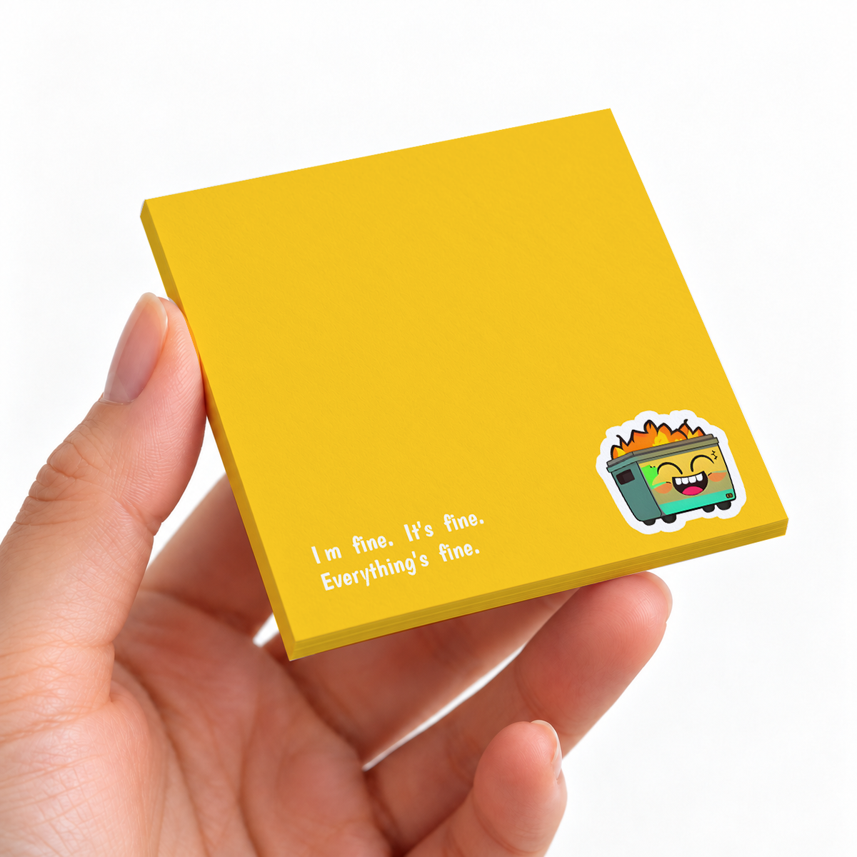 It's Fine Dumpster Fire Sarcastic sticky note pad on a desk with stationery