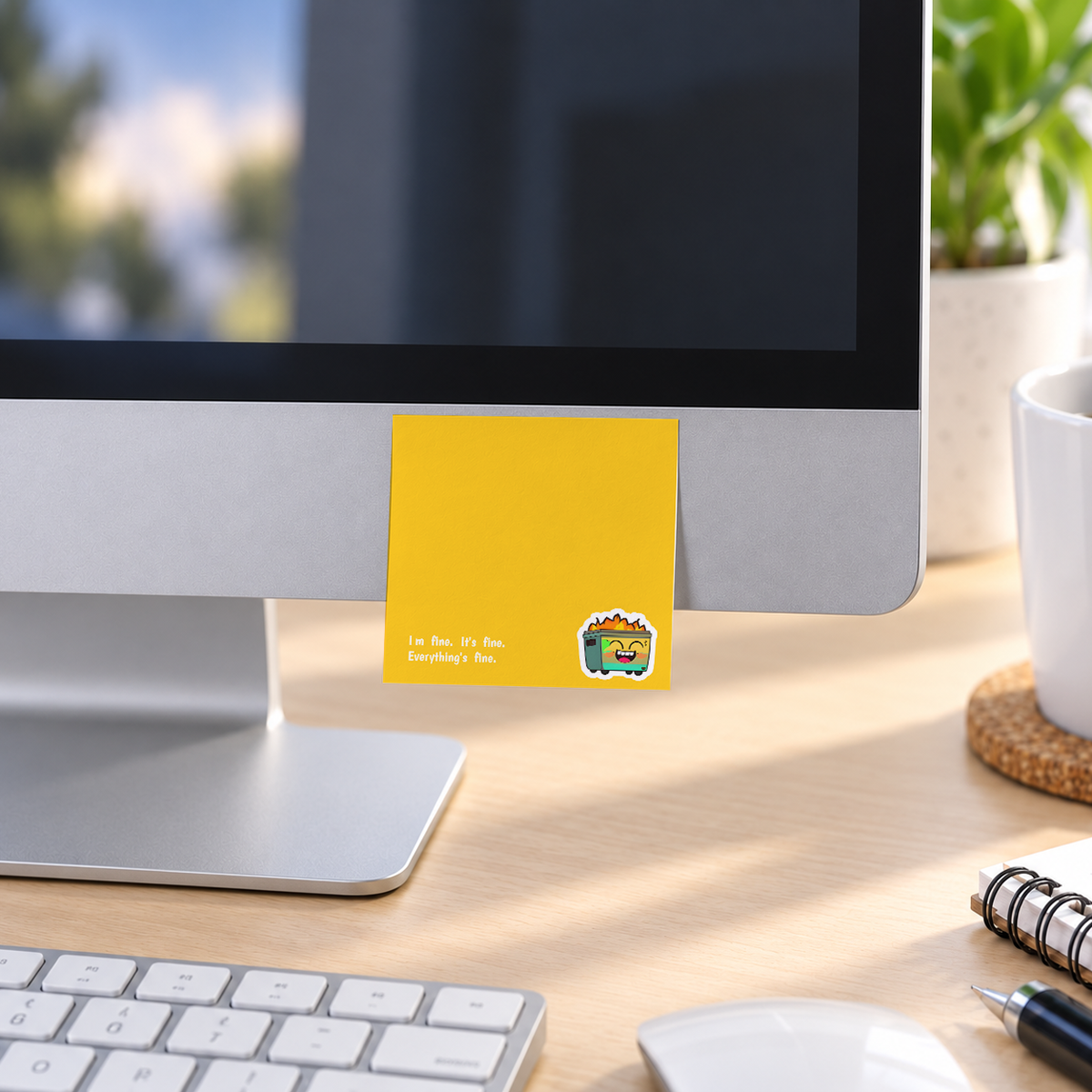 It's Fine Dumpster Fire Sarcastic memo pad in an office or home workspace