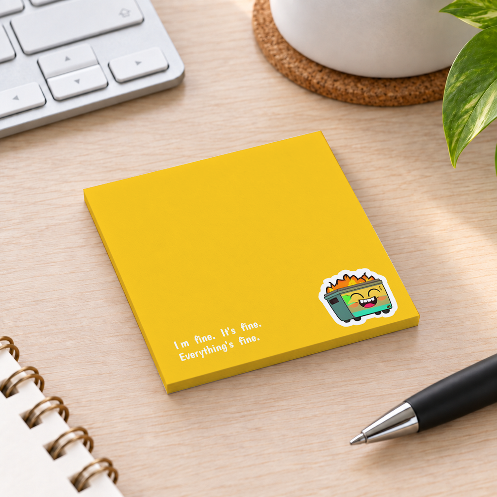 Close-up of It's Fine Dumpster Fire Sarcastic sticky note design and writable area