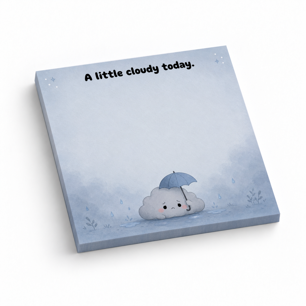 Blue 3 x 3 sticky note pad with A little cloudy today text and a cute cloud holding an umbrella in the rain.