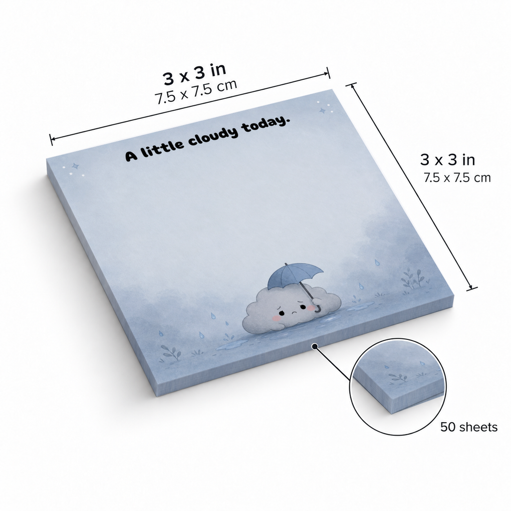Blue cute cloud sticky note pad with umbrella design, labeled 3 x 3 inches and 50 sheets.