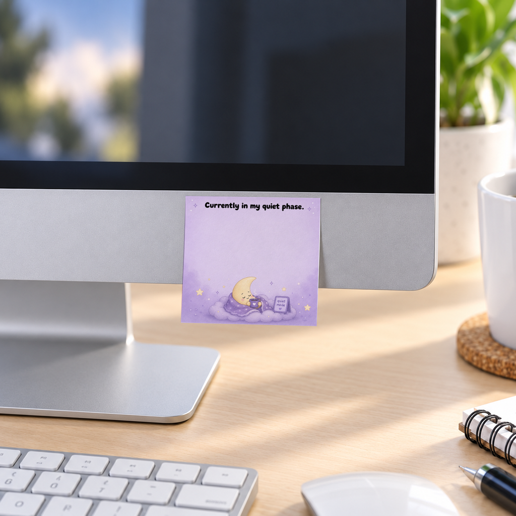 Purple “Currently in my quiet phase” moon sticky note pad attached to a desktop monitor above a keyboard.