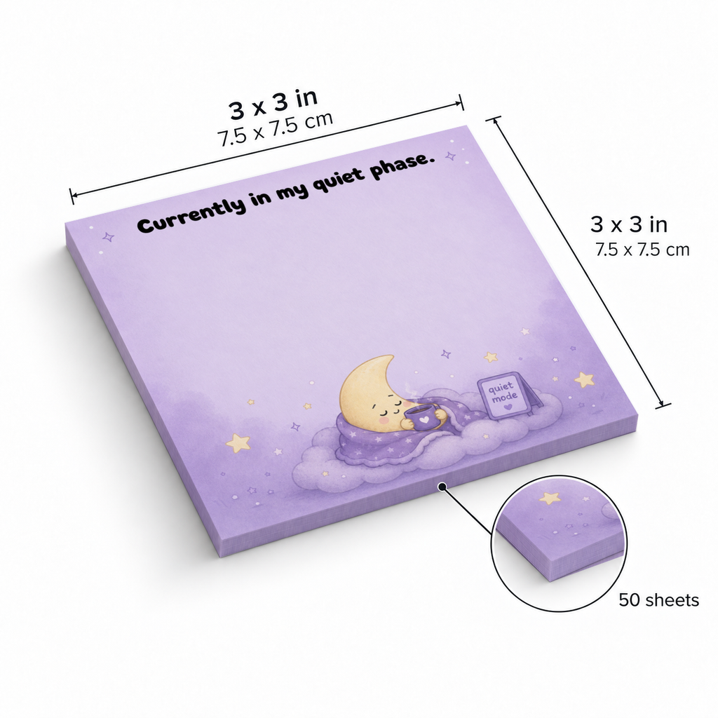 Purple moon sticky note pad with 3 x 3 in (7.5 x 7.5 cm) dimensions and an inset showing 50 sheets.