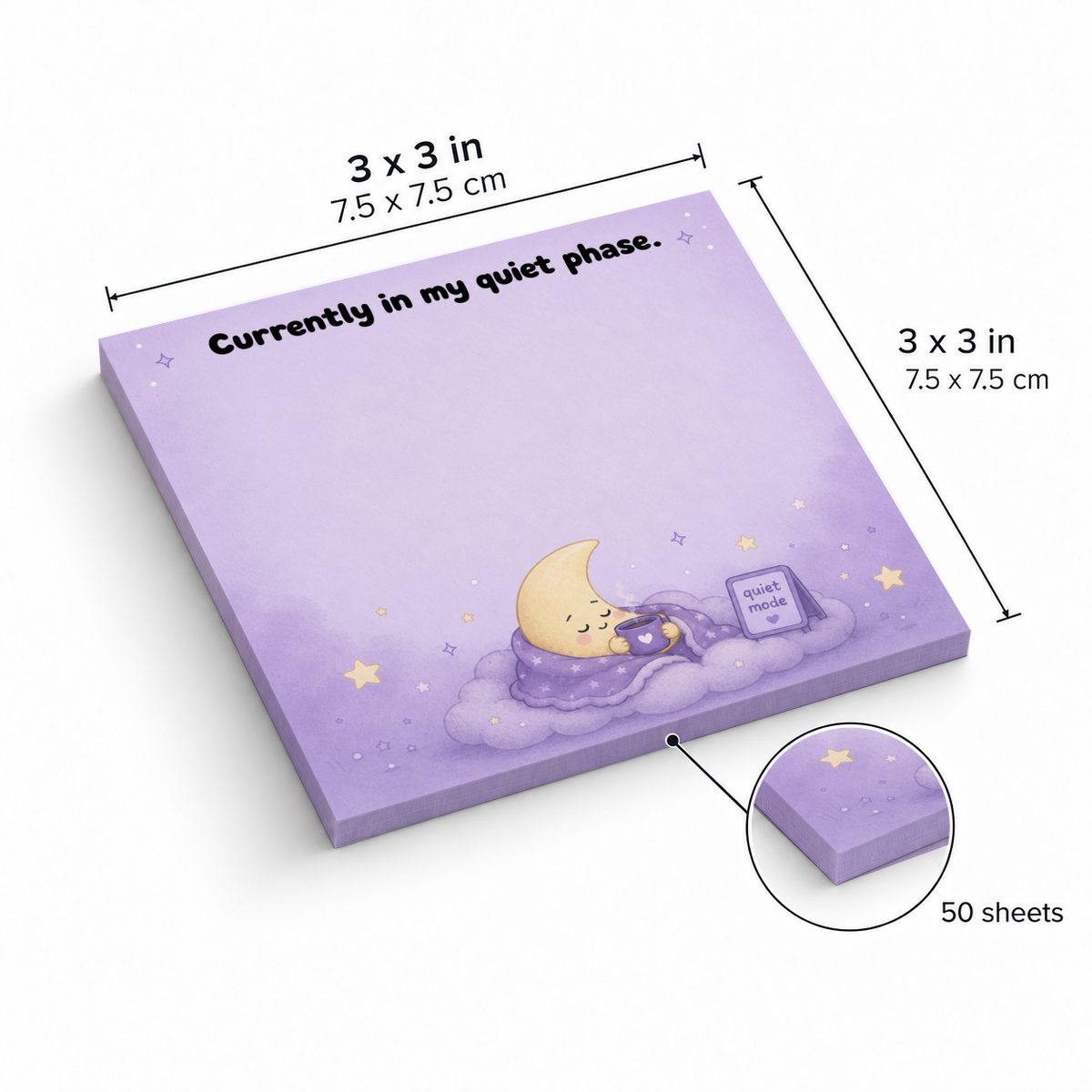 Purple moon sticky note pad with 3 x 3 in (7.5 x 7.5 cm) dimensions and an inset showing 50 sheets.