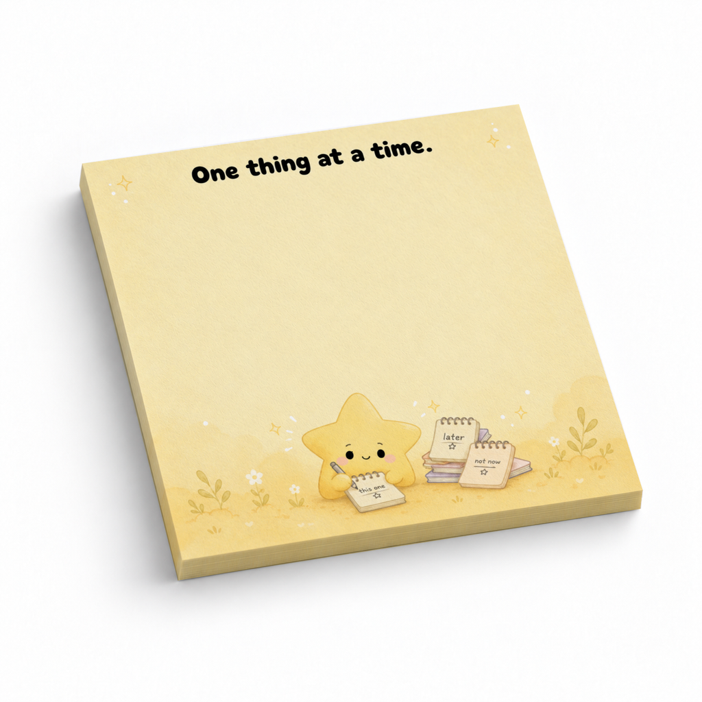 Yellow 3 x 3 inch sticky note pad reading “One thing at a time,” with a cute star illustration on white.
