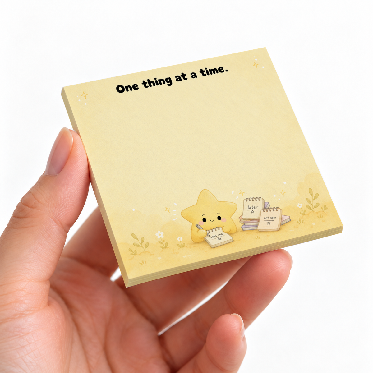 Hand holding a yellow 3 x 3 inch sticky note pad with “One thing at a time” text and a cute star illustration.