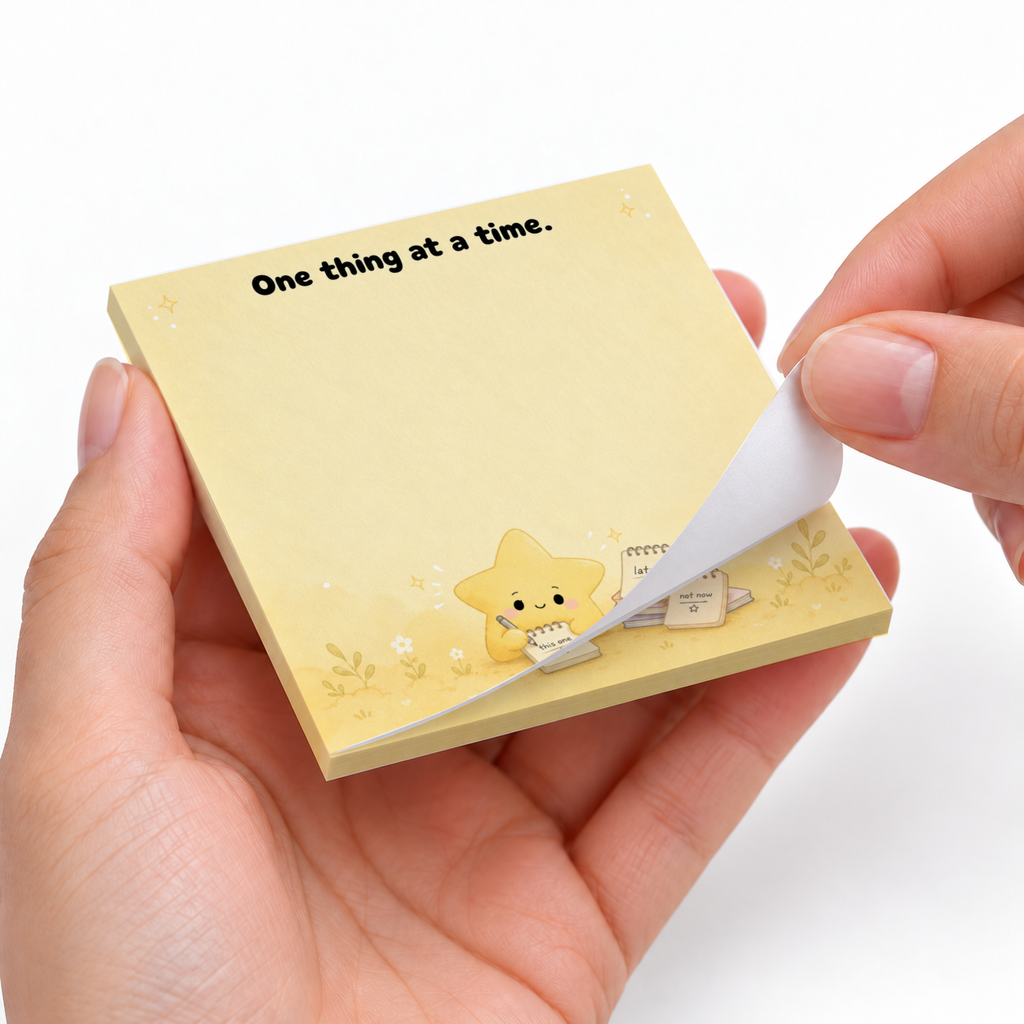 Hands peel a sheet from a yellow One Thing at a Time motivational star sticky note pad.