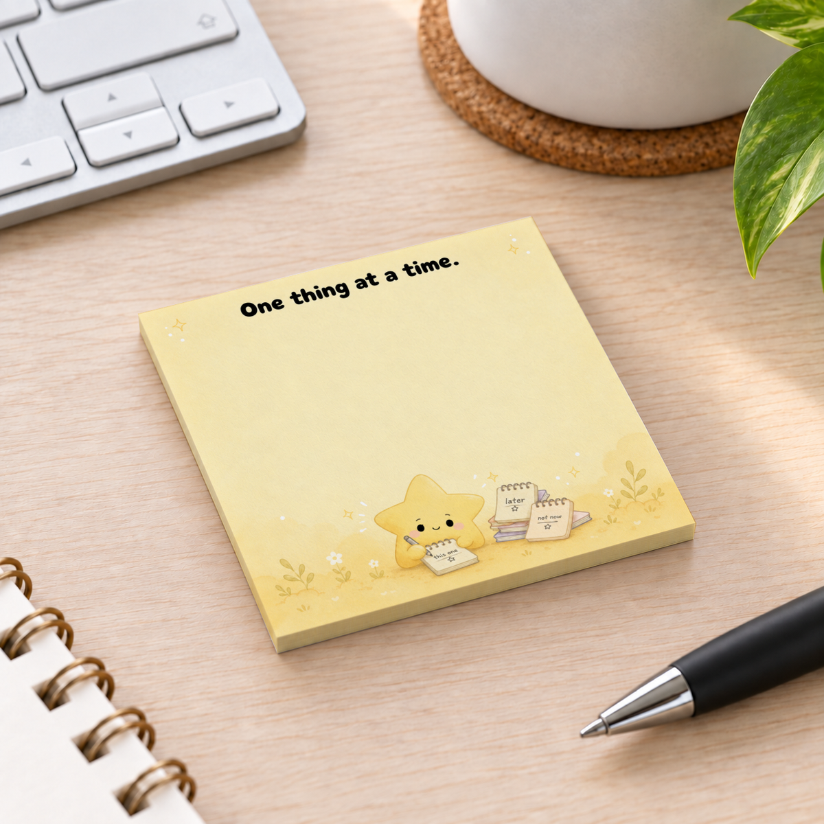 Yellow "One thing at a time." star sticky note pad on a wooden desk beside a keyboard, pen, notebook, and plant.