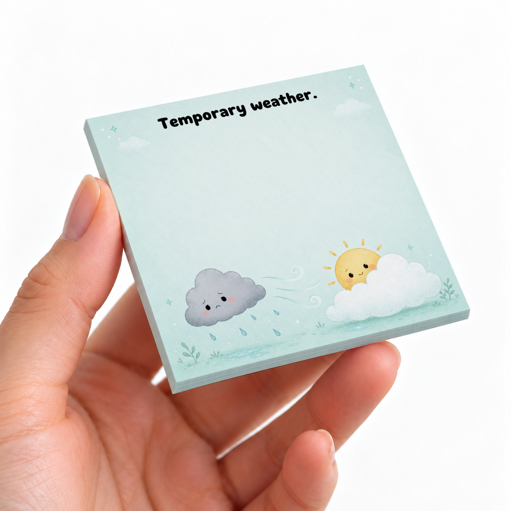 A hand holds a pale blue sticky note pad labeled “Temporary weather.” with cute rain cloud and sun artwork.