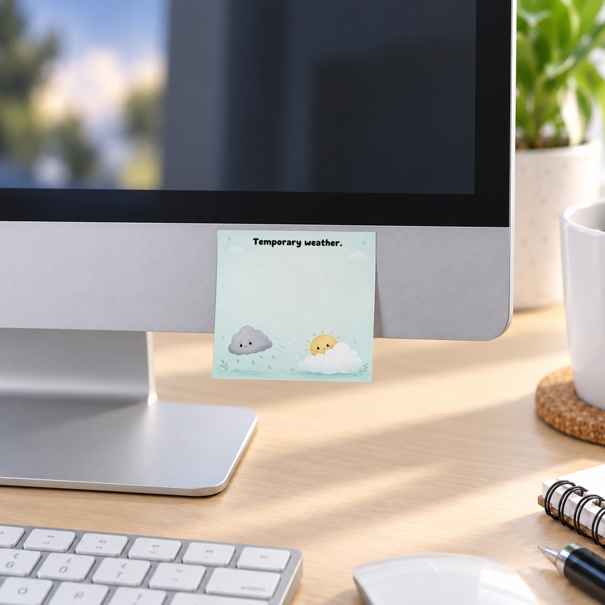 Cloud and sun sticky note reading “Temporary weather.” on a desktop monitor above a keyboard and mouse.