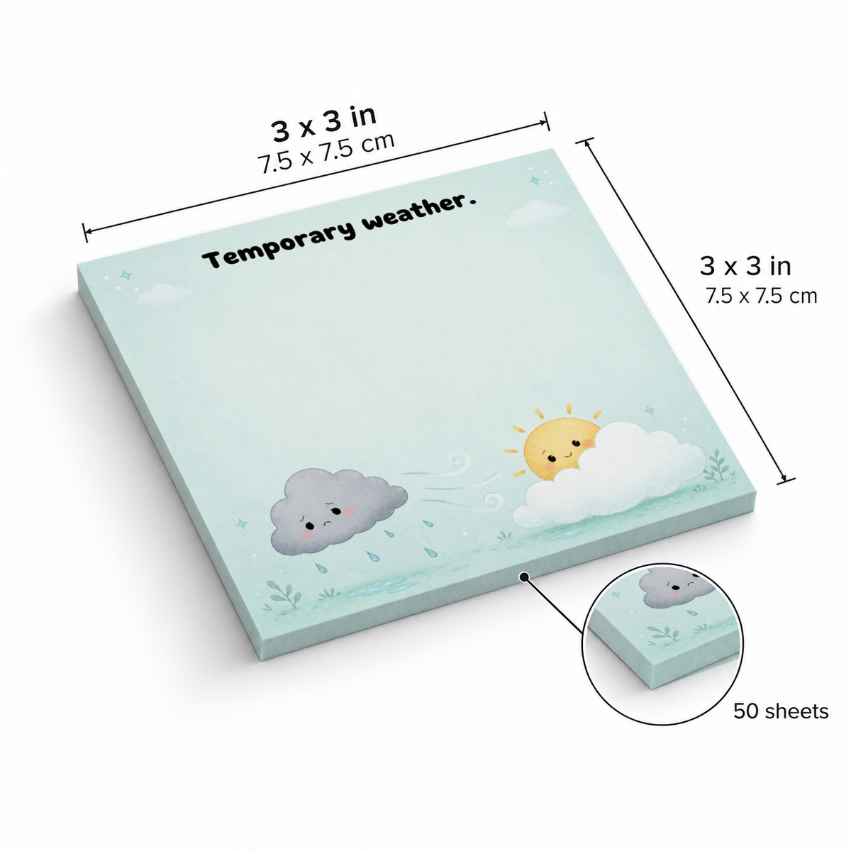 Temporary Weather cloud and sun sticky note pad, measuring 3 x 3 inches (7.5 x 7.5 cm), with 50 sheets.