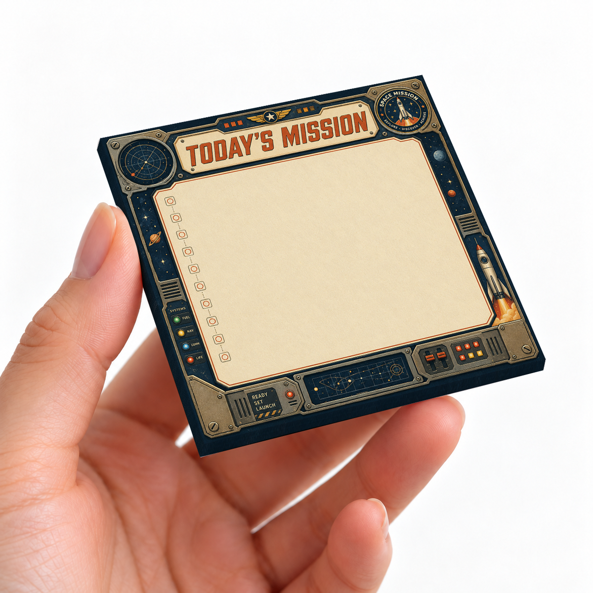 Today's Mission Retro Sci sticky note pad on a desk with stationery