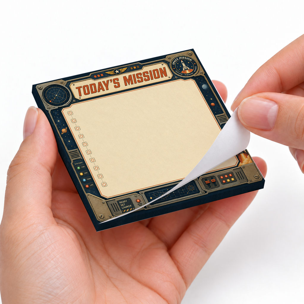 Today's Mission Retro Sci sticky notes styled with a planner and desk accessories
