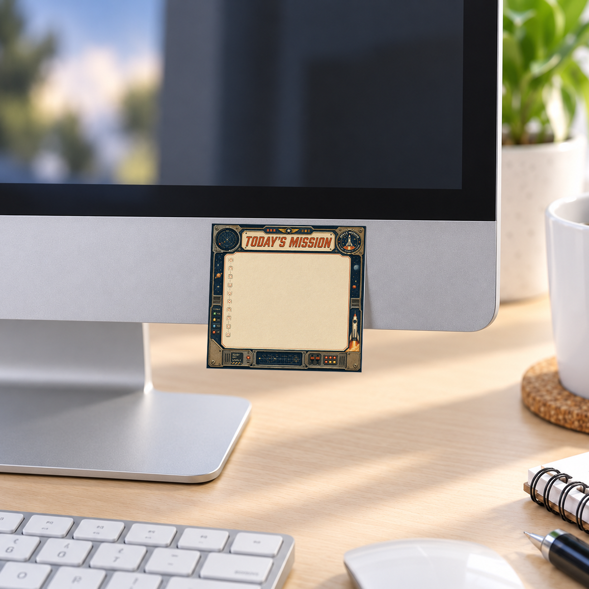 Today's Mission Retro Sci memo pad in an office or home workspace