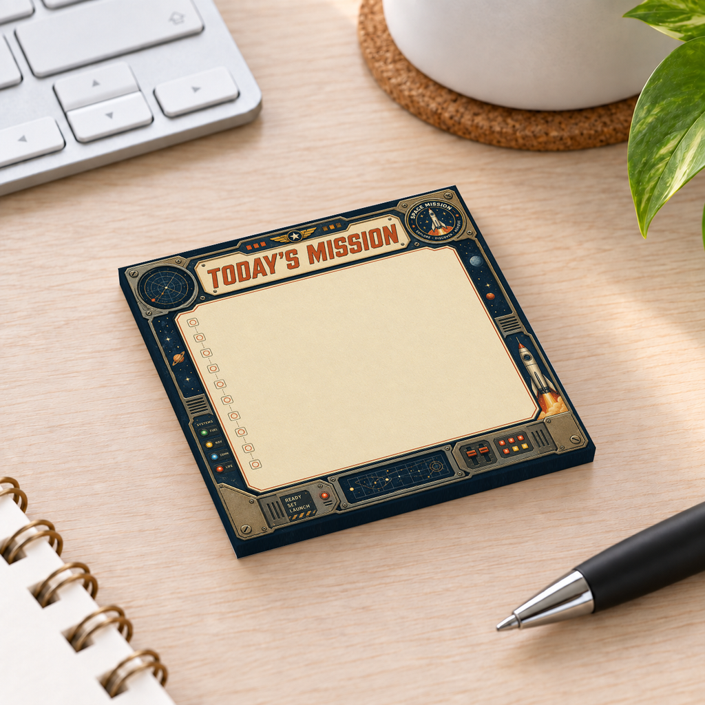 Close-up of Today's Mission Retro Sci sticky note design and writable area