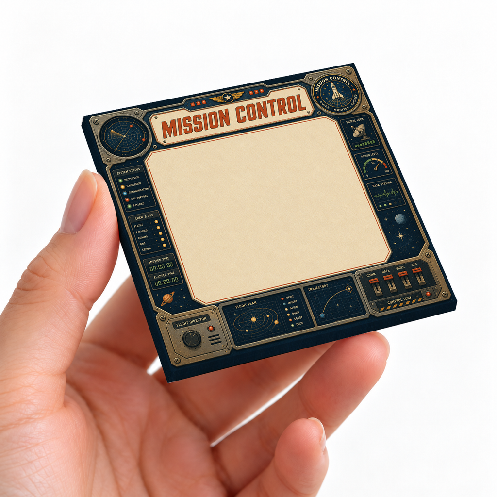 Mission Control Sci sticky note pad on a desk with stationery