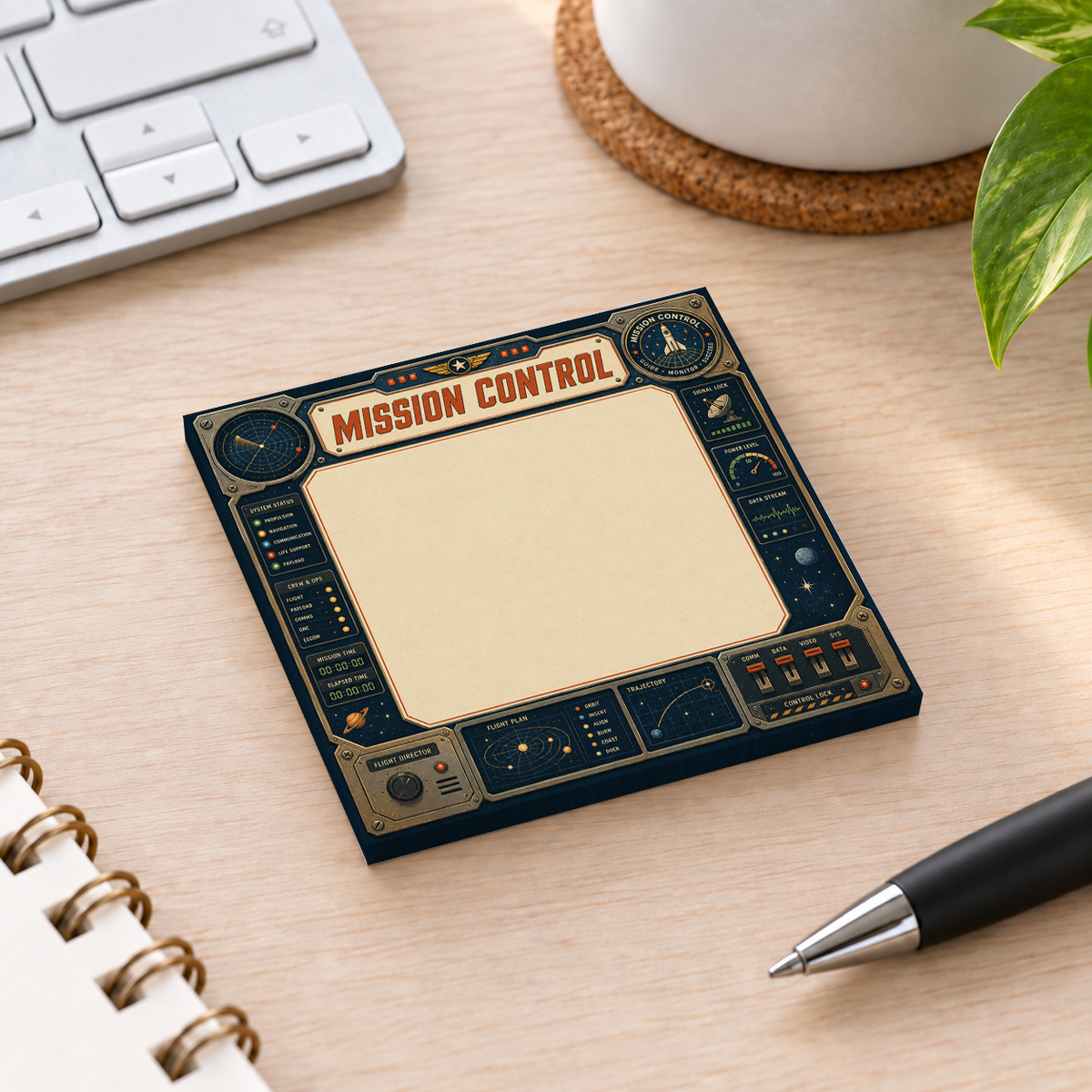 Close-up of Mission Control Sci sticky note design and writable area
