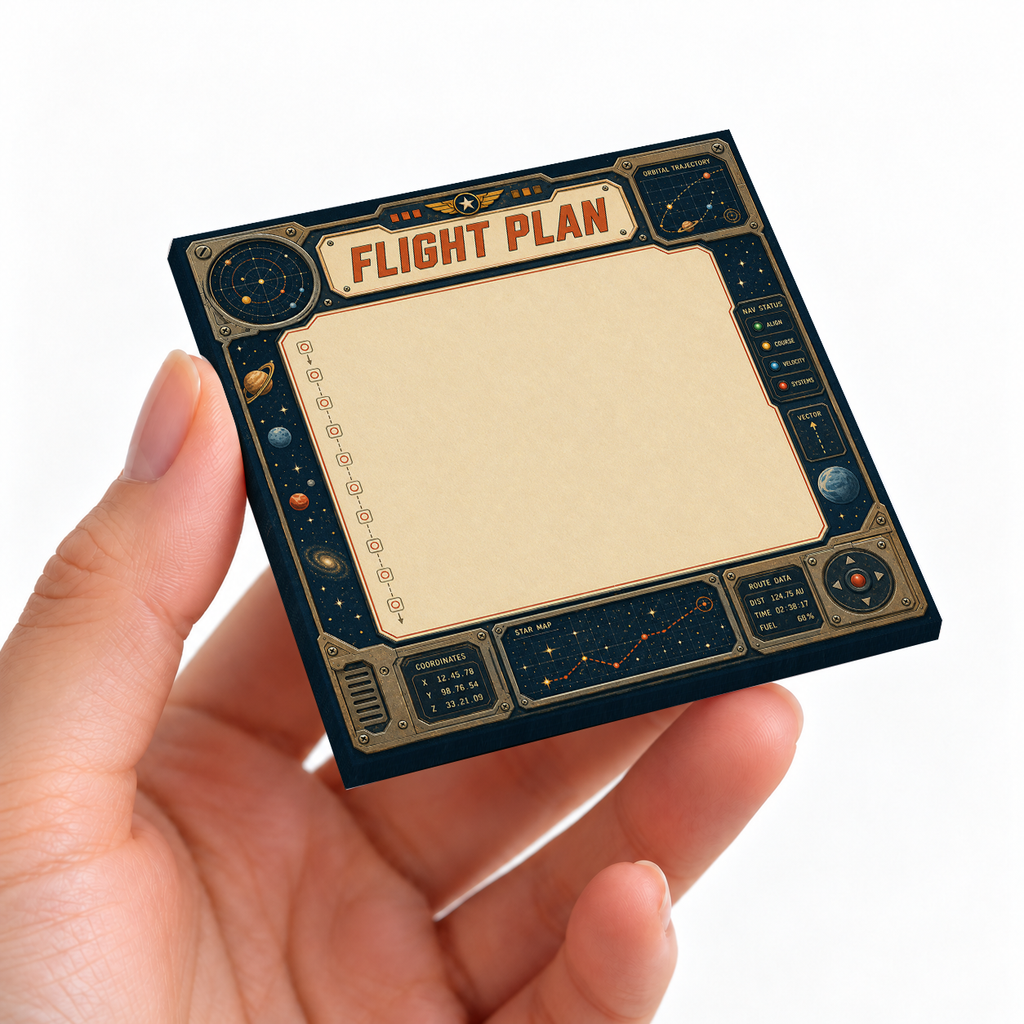 Flight Plan Space Navigation sticky note pad on a desk with stationery