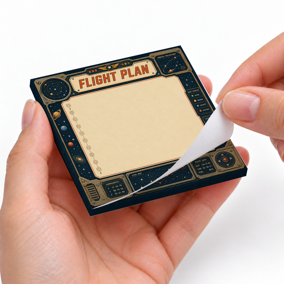 Flight Plan Space Navigation sticky notes styled with a planner and desk accessories