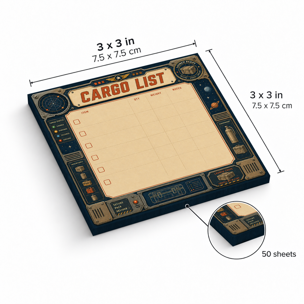 Space Cargo List Retro Inventory sticky notes, 3x3 in (7.5 x 7.5 cm), 50 sheets