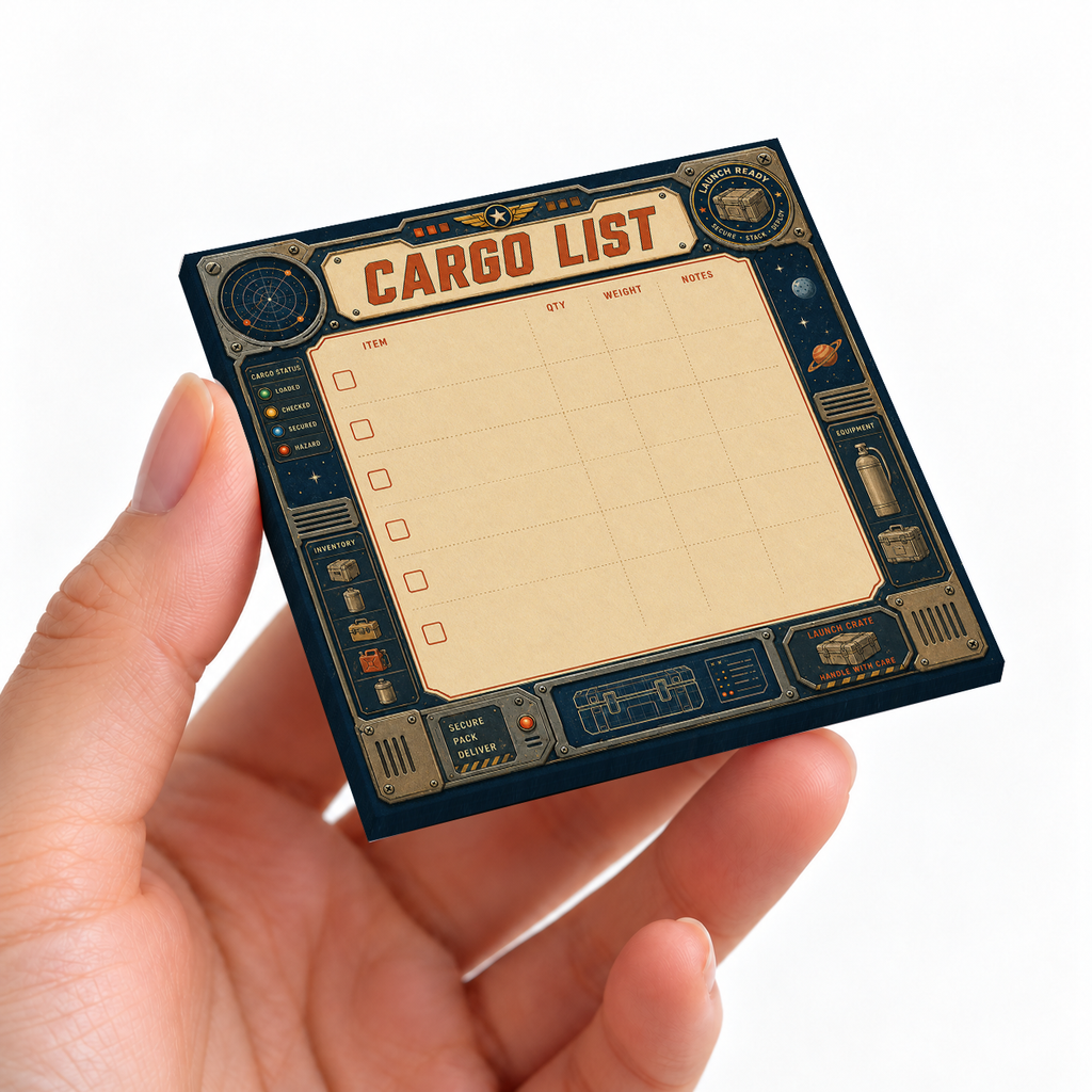 Space Cargo List Retro Inventory sticky note pad on a desk with stationery