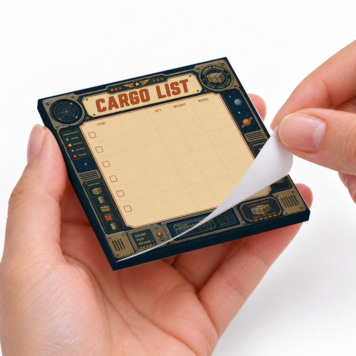 Space Cargo List Retro Inventory sticky notes styled with a planner and desk accessories
