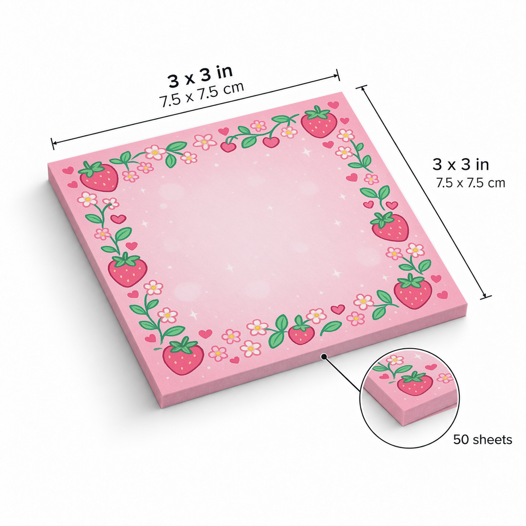 Kawaii Strawberry Garden sticky notes, 3x3 in (7.5 x 7.5 cm), 50 sheets